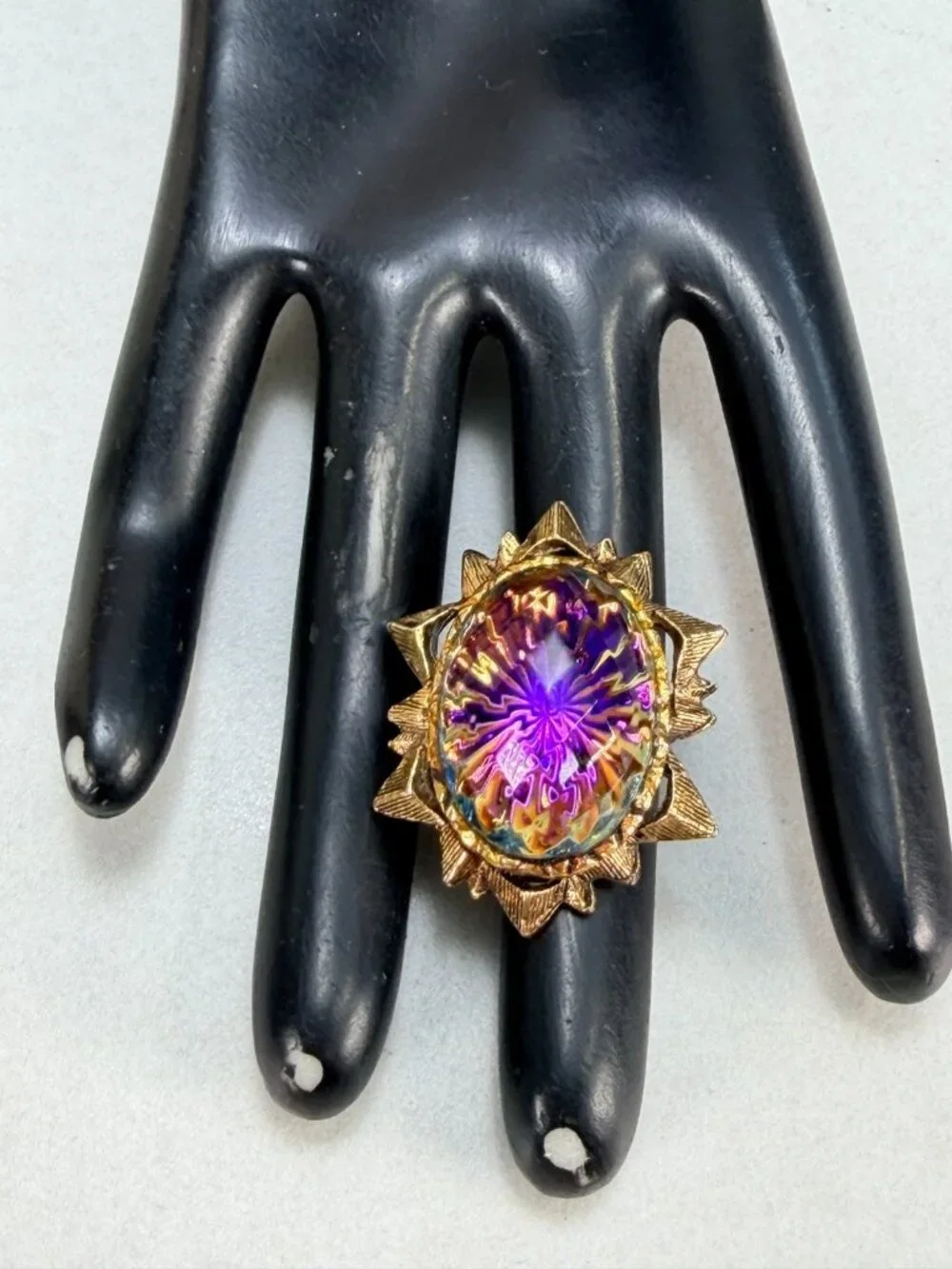 Vintage Gold Tone Purple Art Glass Brooch Iridescent Cabochon Statement Pin